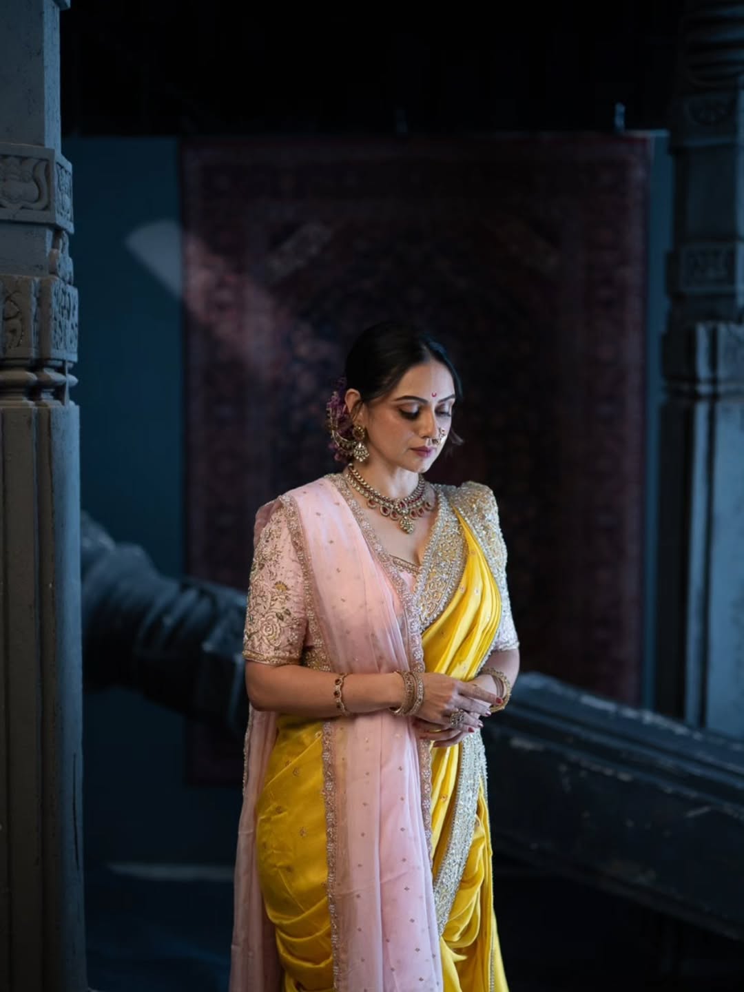 Shruti Marathe yellow nauvari saree look