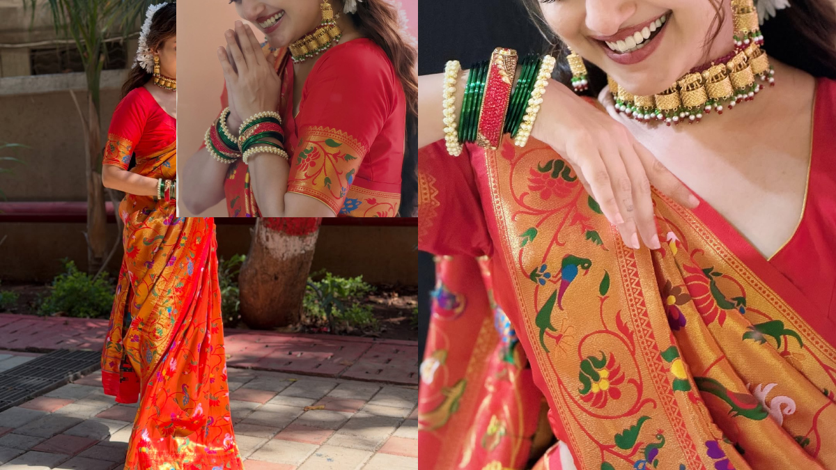 Actress Manasi Naik wearing a beautiful traditional red Paithani saree