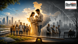 Conceptual illustration showing India’s demographic shift with a young family and youth on one side, elderly citizens on the other, symbolizing declining fertility rates, population aging, and demographic challenges.