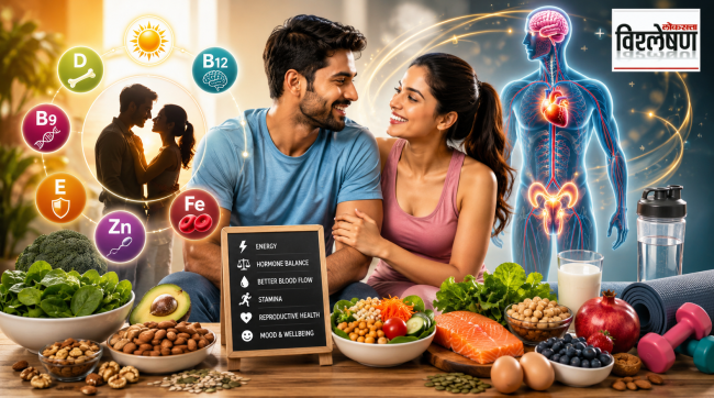 A healthy couple surrounded by nutrient-rich foods, vitamin icons, fitness elements and human body illustrations highlighting the connection between nutrition, hormones, energy levels and sexual health.