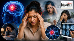 Illustration showing a person suffering from severe headache, blurred vision and memory problems, highlighting early warning signs of a brain tumor.
