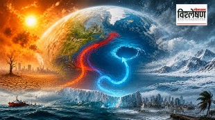 A dramatic illustration showing Earth divided between extreme heat and cold, with ocean currents flowing through the Atlantic and a mysterious blue cold patch near Greenland.