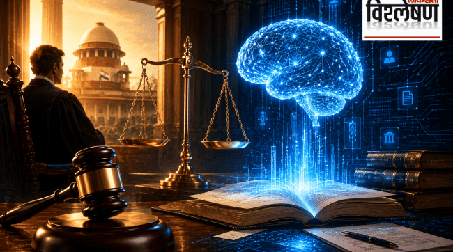 Futuristic courtroom featuring a glowing AI brain, scales of justice, law books, judge's gavel, and the Supreme Court of India symbolizing AI regulation in the judiciary.;न्यायालयातील तराजू, न्यायहातोडा, कायद्याची पुस्तके आणि चमकणारा डिजिटल AI मेंदू यांद्वारे भारतीय न्यायव्यवस्थेतील कृत्रिम प्रज्ञेचे नियमन दर्शवणारी प्रतिमा.