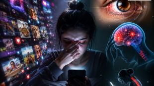 A person scrolling social media reels on a smartphone, surrounded by digital content, with visuals highlighting eye strain, brain overload, and the health effects of excessive screen time.; मोबाईलवर रील्स पाहणारी व्यक्ती, डोळ्यांवरील ताण, मेंदूवरील परिणाम आणि सोशल मीडियाच्या अतिरेकामुळे निर्माण होणाऱ्या डिजिटल आरोग्य समस्यांचे प्रतीकात्मक चित्रण.