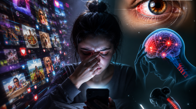 A person scrolling social media reels on a smartphone, surrounded by digital content, with visuals highlighting eye strain, brain overload, and the health effects of excessive screen time.; मोबाईलवर रील्स पाहणारी व्यक्ती, डोळ्यांवरील ताण, मेंदूवरील परिणाम आणि सोशल मीडियाच्या अतिरेकामुळे निर्माण होणाऱ्या डिजिटल आरोग्य समस्यांचे प्रतीकात्मक चित्रण.
