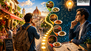 A traveler choosing between multiple restaurants while a mathematician analyzes decision-making using equations, symbolizing Richard Feynman's restaurant selection theory.