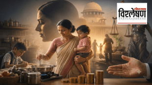 Illustration of an Indian homemaker managing childcare, cooking, education and household responsibilities, with symbols of the Supreme Court, justice and economic growth in the background.