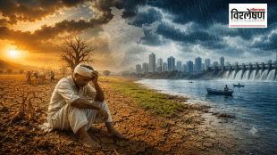 illustration showing India’s monsoon crisis in 2026, with a worried farmer sitting on cracked drought-hit land on one side and heavy rain, a dam and city skyline on the other, symbolizing rainfall deficit and drought risk.
