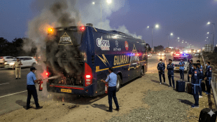 Gujarat Titans team bus short circuit accident after IPL Final | Gujarat Titans players safe after bus fire in Ahmedabad | आयपीएल फायनल पराभवानंतर गुजरात टायटन्स संघाच्या बसला अपघात | गुजरात टायटन्स खेळाडूंची बस शॉर्ट सर्किटमुळे धूर