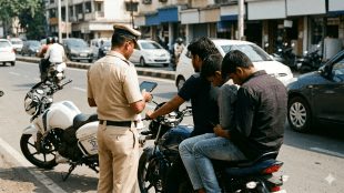 pune traffic police action on bikers | fine for riding without helmet in maharashtra | triple seat two wheeler traffic rules violations | pune city traffic control penalizing riders