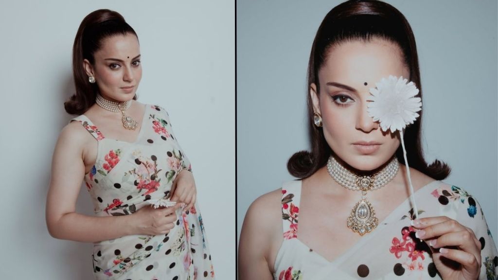 Kangana Ranaut Retro Look in Polka Dot Saree Kangana Ranaut Retro Look in Polka Dot Saree
