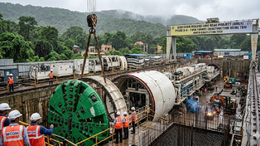 Goregaon-Mulund Link Road GMLR Mumbai twin tunnel project TBM assembly Dadasaheb Phalke Chitranagari boundary. Construction site view with massive cutterhead components and cranes. Aimed completion 2028. Goregaon-Mulund Link Road GMLR Mumbai twin tunnel project TBM assembly Dadasaheb Phalke Chitranagari boundary. Construction site view with massive cutterhead components and cranes. Aimed completion 2028.