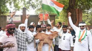 muslim community protest nagpur sanvidhan chouk | demand to declare cow as national animal india | nagpur collector cow gift memorandum | hindu muslim unity protest nagpur maharashtra