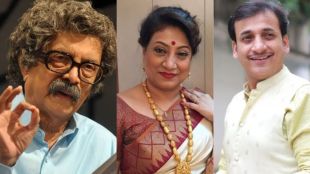 Marathi actor Sankarshan Karhade receiving best actor award and Dilip Prabhavalkar getting emotional at Akhil Bharatiya Marathi Natya Parishad event.