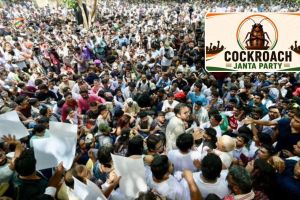 delhi-cockroach-janata-party-protest-dharmendra-pradhan-resignation-demands