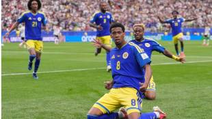 Livano Comenencia celebrates after scoring for Curacao during their World Cup Group E match against Germany.