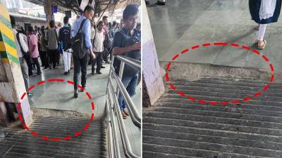 डोंबिवली रेल्वे स्थानकातील एक्सलेटरजवळील खड्ड्यामुळे प्रवाशांच्या दररोज कोलांट्या