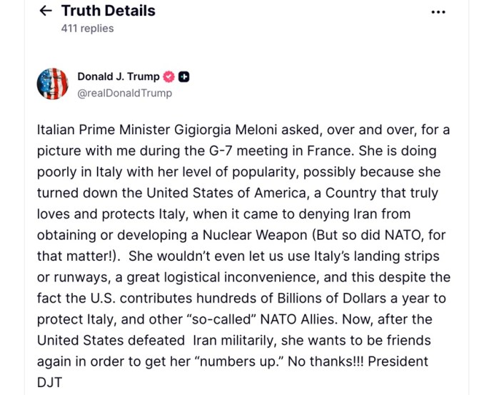 donald trump on meloni iran war