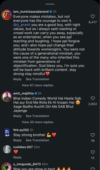 kunickaa sadanand comment on Pranit More Apology Video
