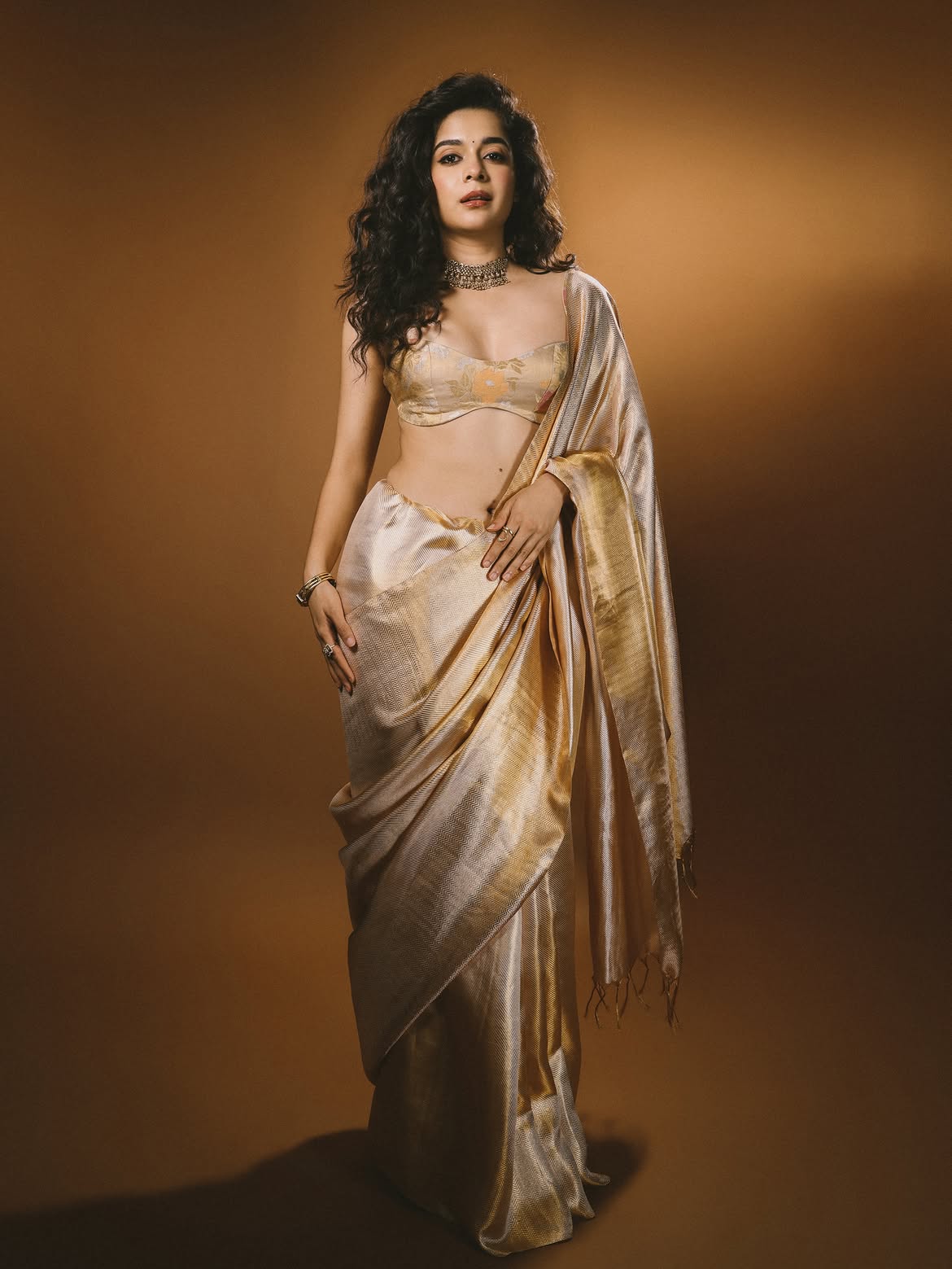 Mithila Palkar golden saree look