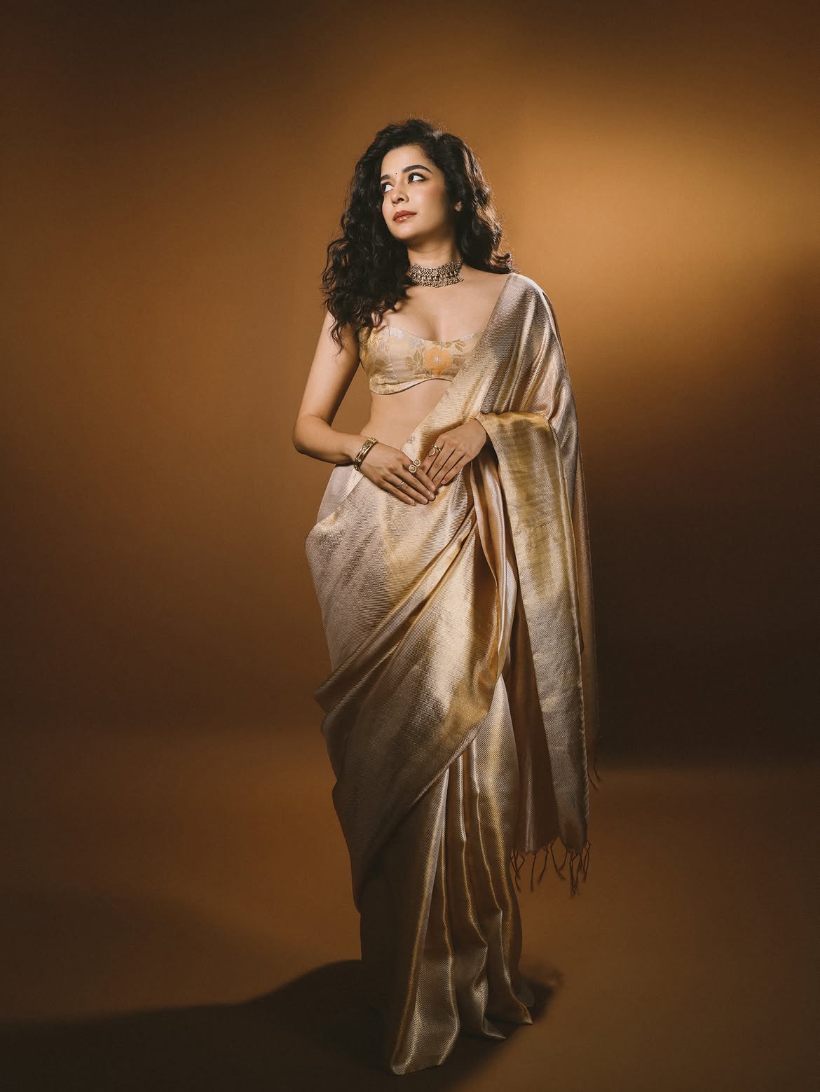 Mithila Palkar golden saree look