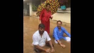 BJP corporators protest in waterlogged streets Mira Bhayandar | Mira Bhayandar municipal corporation drainage cleaning failure | Vishal Patil Sachin Dongre protest in rain water | Maharashtra monsoon waterlogging issues crime political civic news update