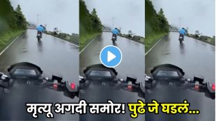 Viral video of biker narrowly escaping a deadly fall on a slippery mountain road during monsoon