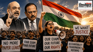Gen Z students protesting for education reforms alongside Amit Shah and Ajit Doval, representing the debate over youth activism, democracy, and the NEET paper leak movement.