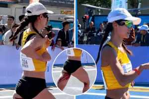 Chinese marathon runner li meizhen completes race during periods video