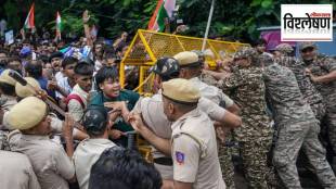 Police barricades and protesters during the CJP march to Parliament highlighting the constitutional right to protest in India