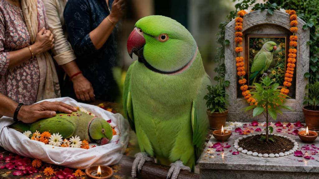 nagpur family mourns pet parrot | parseoni pet parrot death funeral | emotional bond human and animal maharashtra | parrot memorial smritisthal nagpur nagpur family mourns pet parrot | parseoni pet parrot death funeral | emotional bond human and animal maharashtra | parrot memorial smritisthal nagpur
