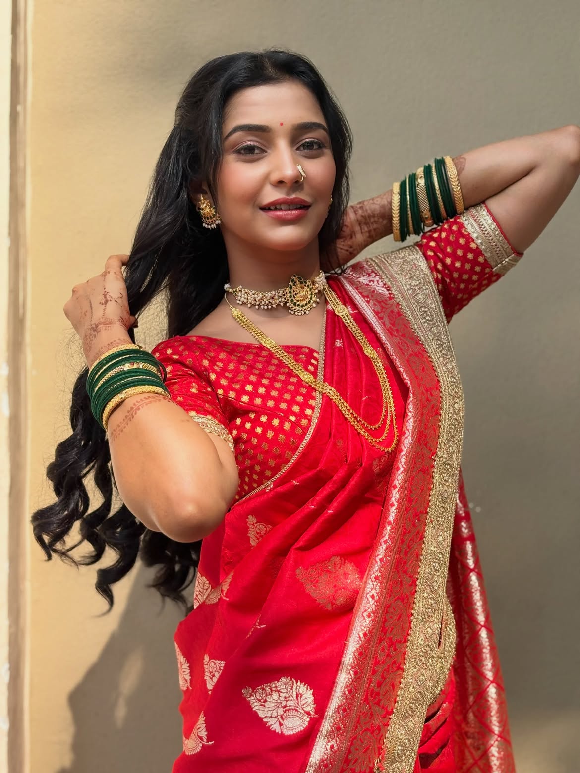 Shivani Mundhekar red Banarasi saree