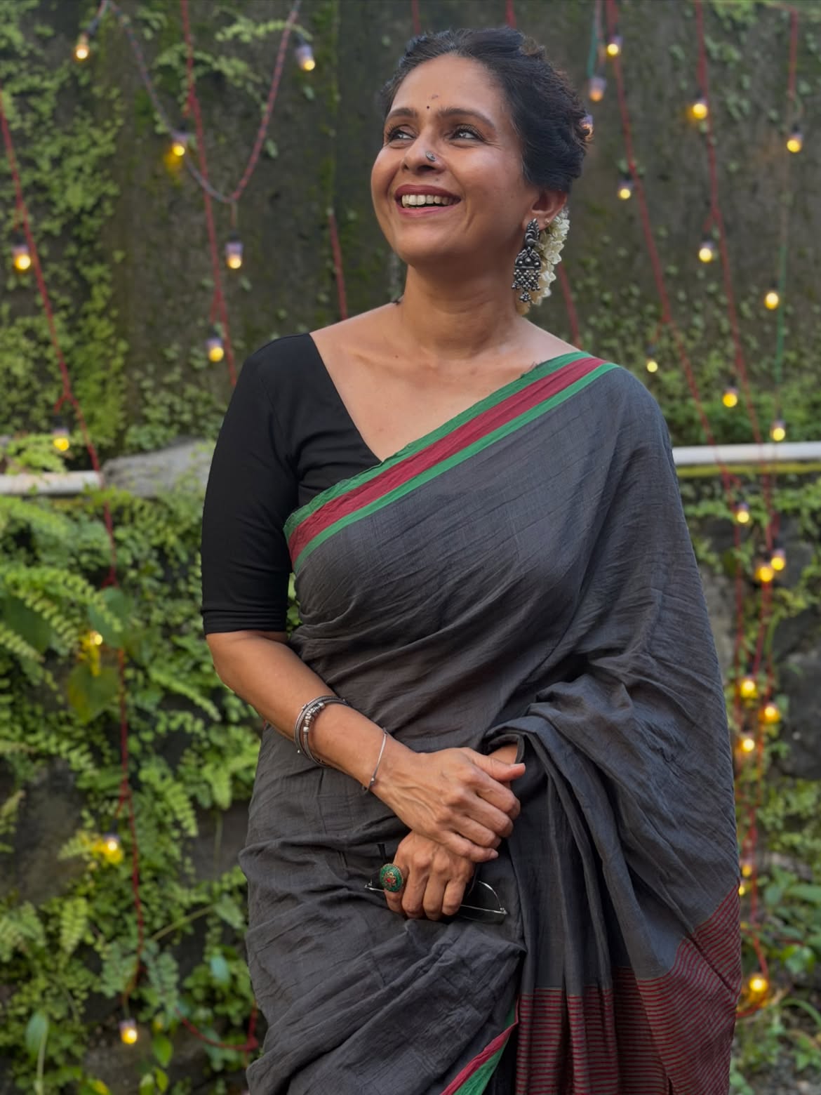 Aishwarya Narkar grey saree look