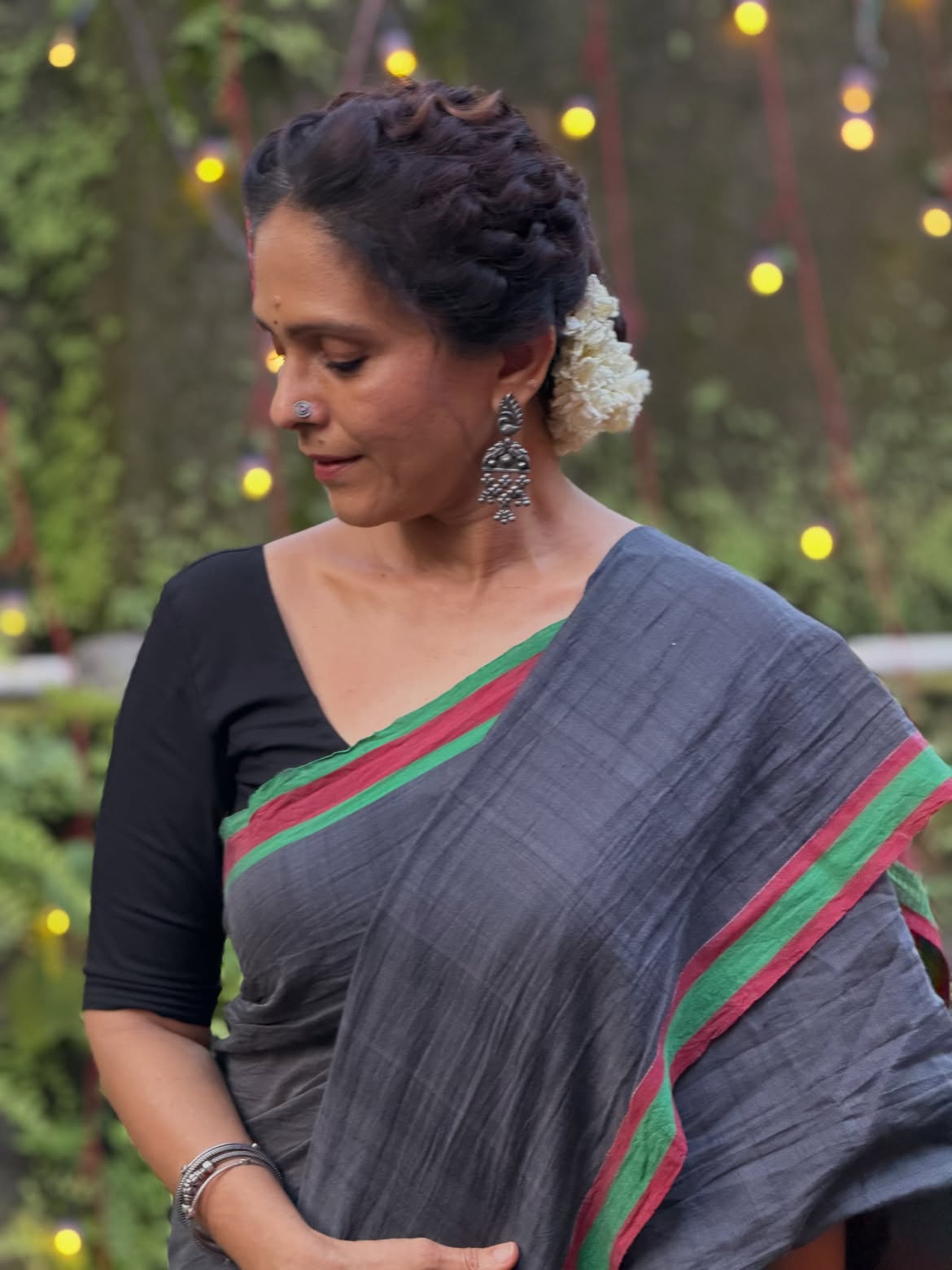 Aishwarya Narkar grey saree look