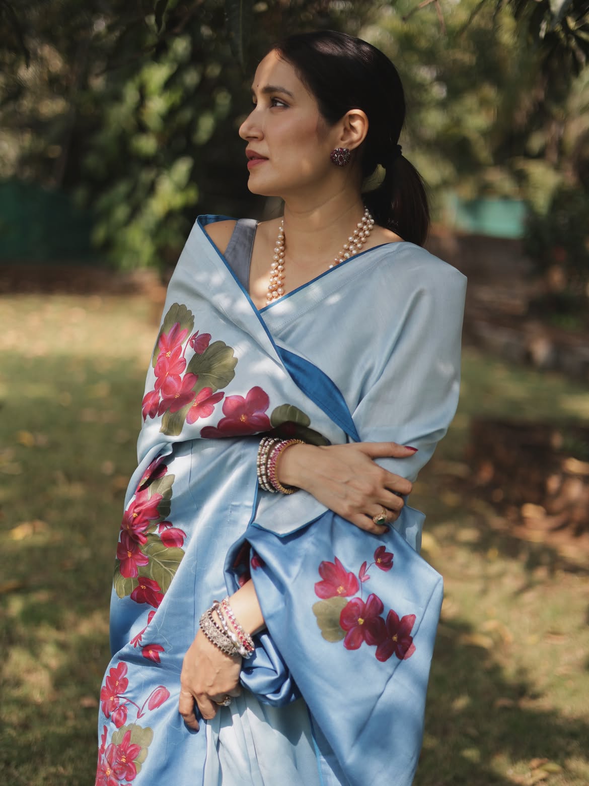 Sagarika Ghatge floral saree look