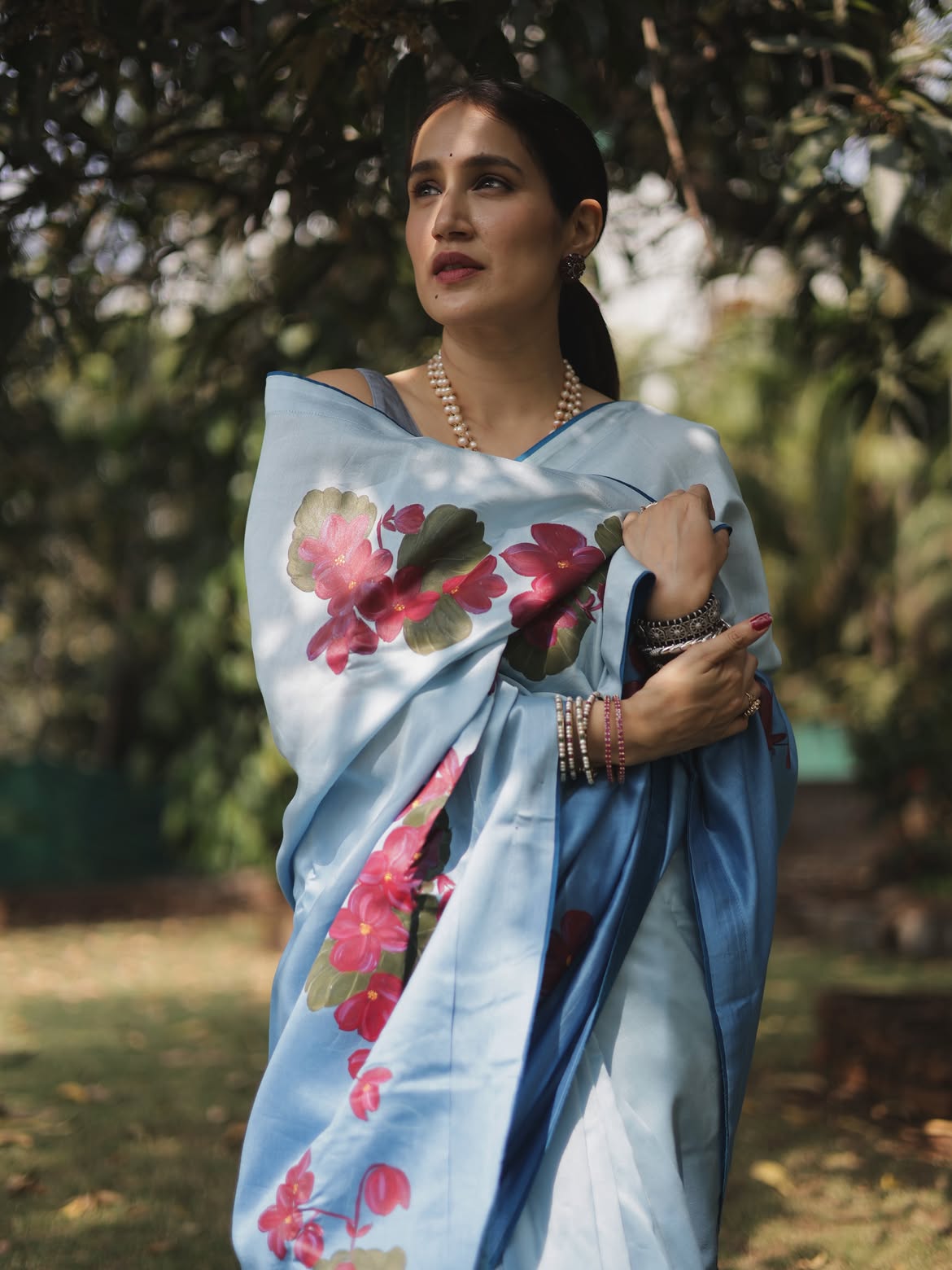 Sagarika Ghatge floral saree look