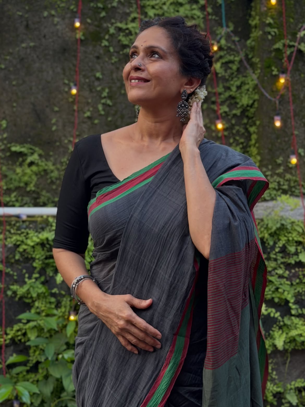 Aishwarya Narkar grey saree look