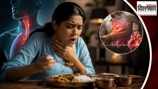 A woman experiencing choking and breathing difficulty while eating, with medical illustrations of the airway and lungs and a highlighted heart showing possible chest pressure.