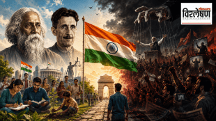 Rabindranath Tagore and George Orwell on the side of inclusive patriotism, with the Indian flag and democratic ideals contrasting against an angry, divided crowd and political manipulation.