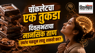 a large stack of dark chocolate squares and cocoa beans and a serene woman with a glowing happy brain icon holds a chocolate piece.