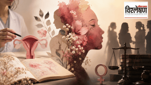 women's reproductive health and legal rights, featuring a medical professional examining a uterus model and anatomical book on the left, a floral silhouette profile of a woman in the center, and the scales of justice with a female symbol on the right.