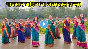 Five women dancing gracefully in sarees in heavy rain on Firi Firi Nach Pora song