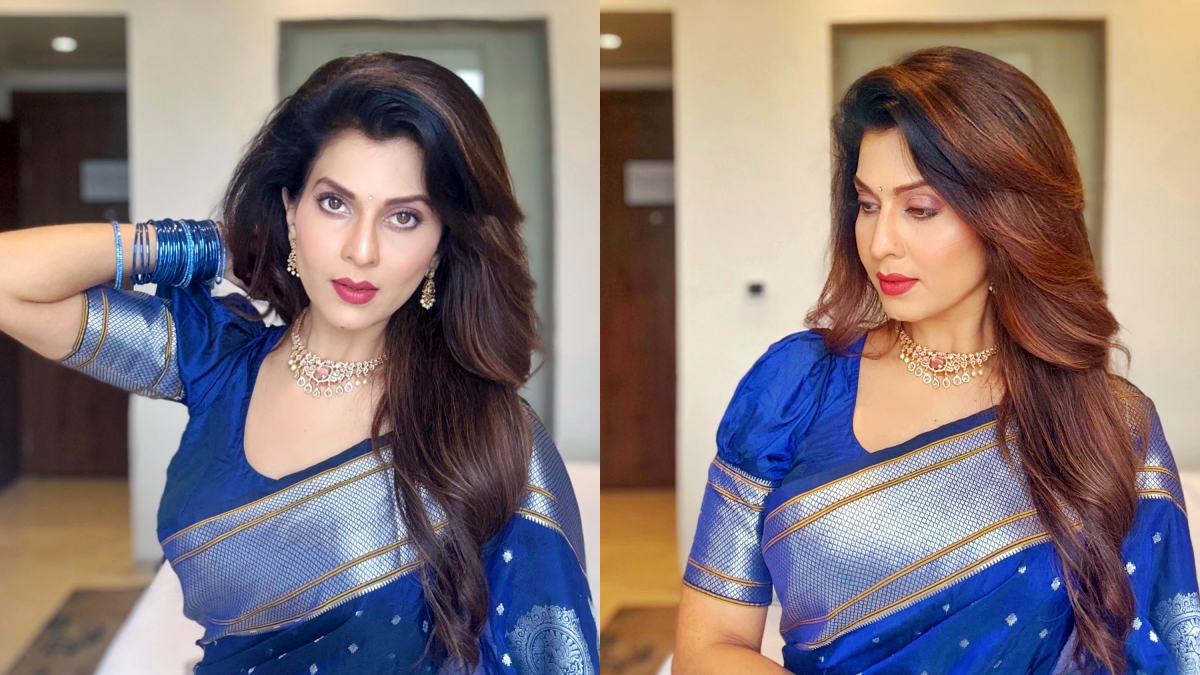 http://Maadhavi%20Nemkar%20Blue%20Paithani%20Saree%20Look