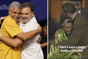 Rahul Gandhi PM Modi Hug Remark political controversy | BJP reply to Rahul Gandhi using Indira Gandhi Fidel Castro photo