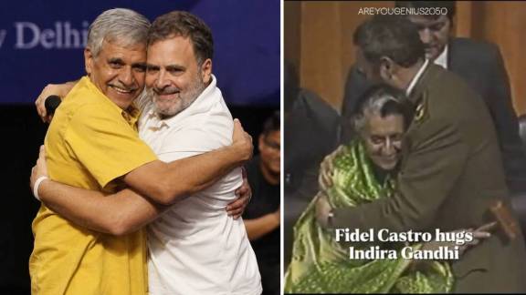 Rahul Gandhi PM Modi Hug Remark political controversy | BJP reply to Rahul Gandhi using Indira Gandhi Fidel Castro photo