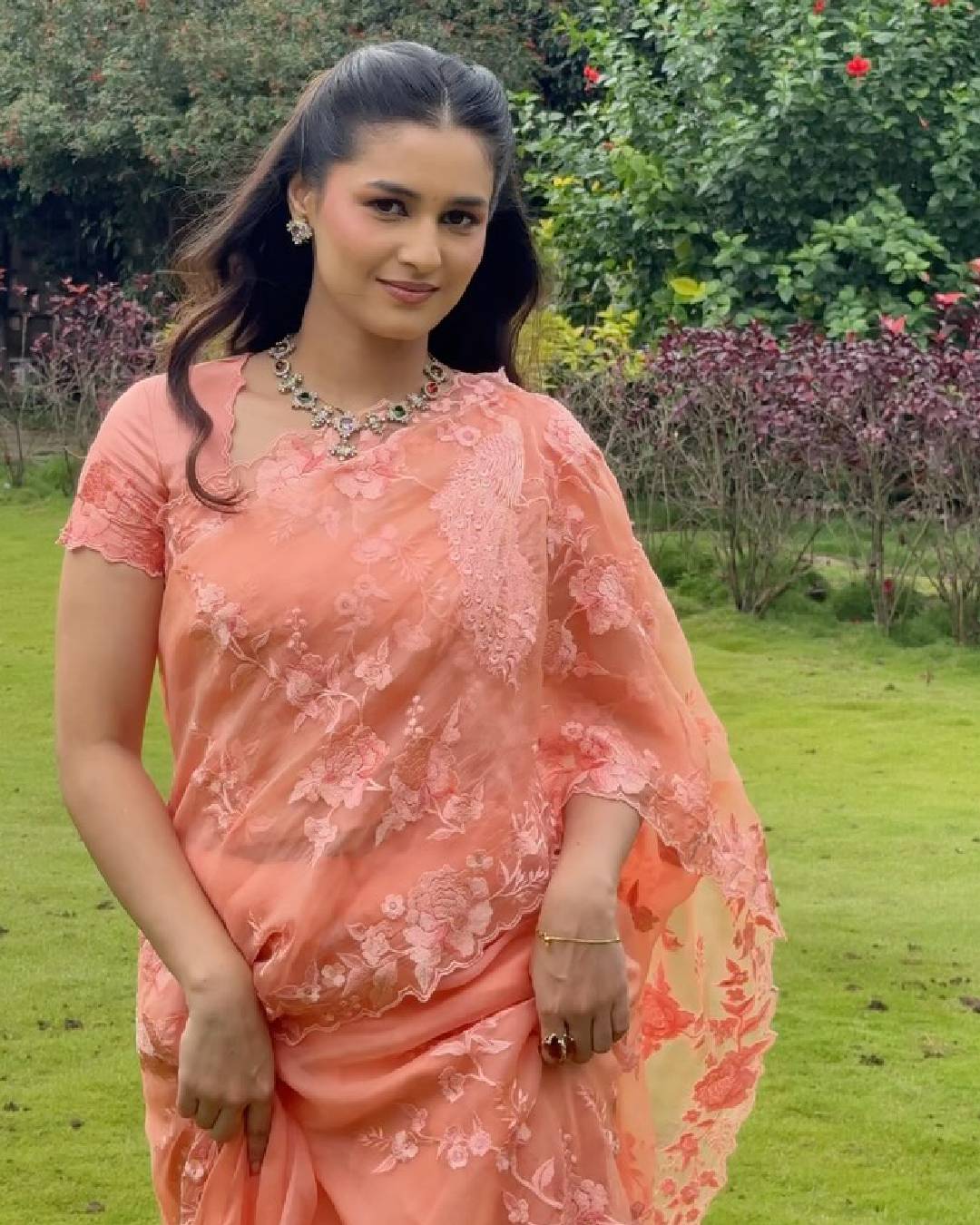 Vaishnavi Mahadik peach saree look