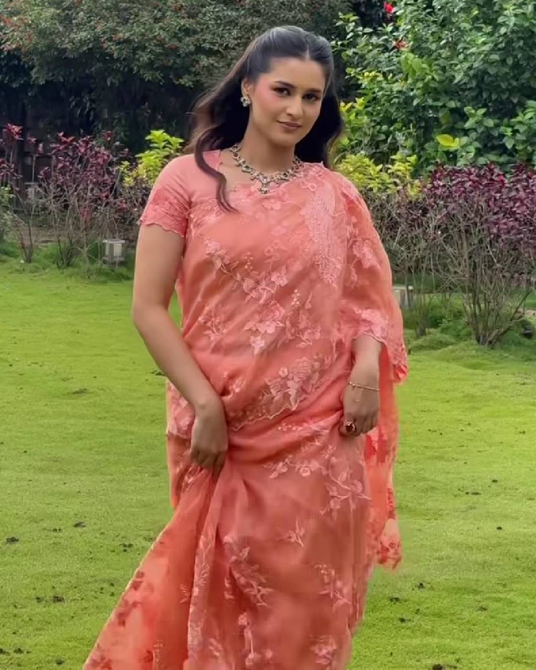 Vaishnavi Mahadik peach saree look