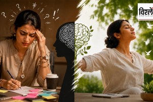 woman feeling overwhelmed by jewellery and accessories while working, contrasted with another woman enjoying a peaceful, jewellery-free moment in nature, symbolising sensory overload and freedom.