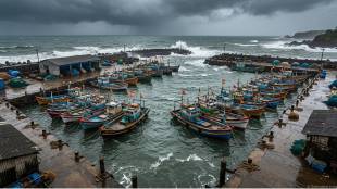 uran karanja port fishing boats moored due to sea storm | raigad fishing industry losses and diesel quota issue | maharashtra fisherman financial crisis news | maharashtra fisheries department weather warning alert