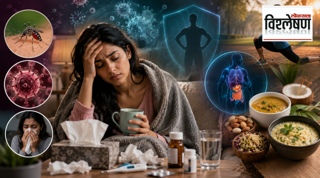 a tired woman wrapped in a blanket with medicines, tissues, and a thermometer, surrounded by infographics representing viral infections, mosquito-borne diseases, immunity, nutritious recovery food like khichdi and sprouts
